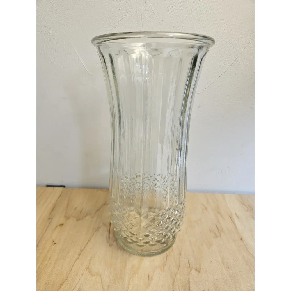 Hoosier Glass Clear Ribbed Vase Diamond Pattern Flared Rim Vintage 9